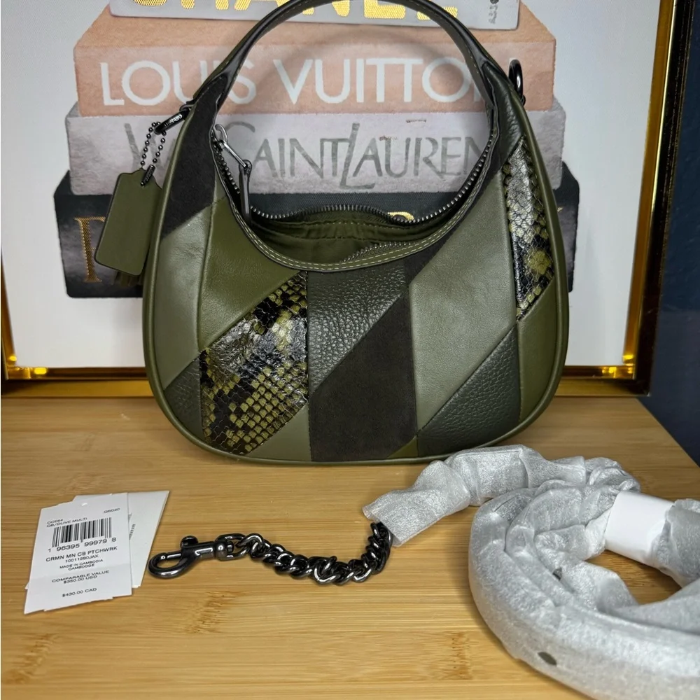 Coach Carmen Mini Crossbody Bag With Patchwork,Gunmetal/Olive Multi colorway. - Picture 3 of 7
